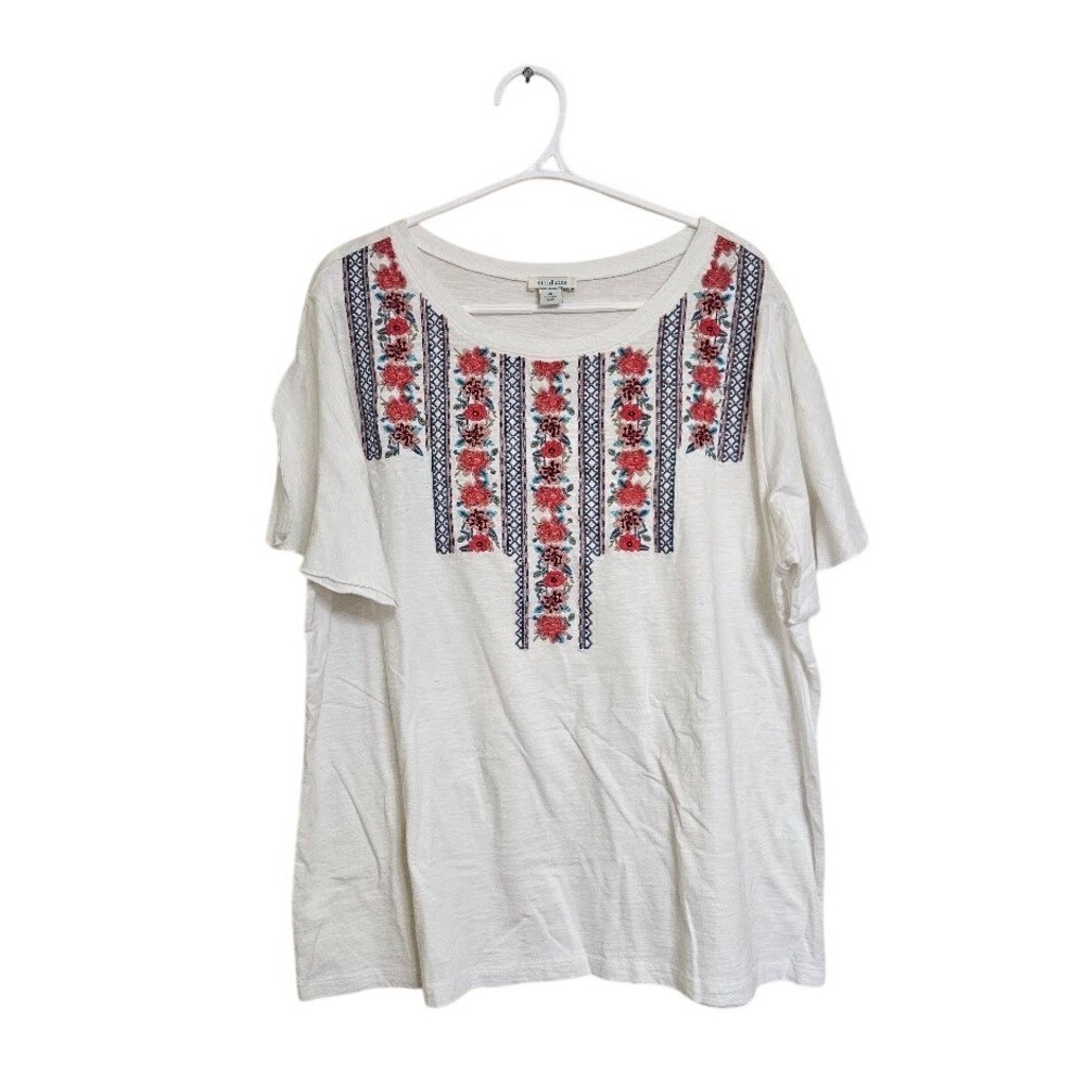 Sundance White Embroidered Floral Slub Knit Top XL Short Sleeve Boho Blouse